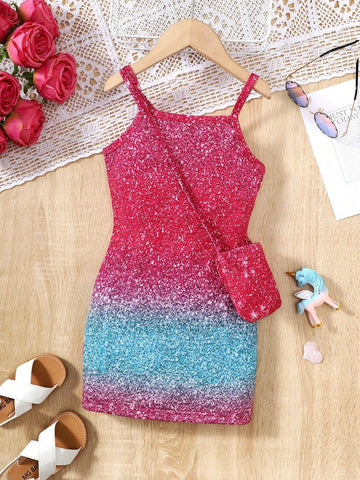 Girls' Unicorn Print Casual Sleeveless Dress, Summer Style With Breathable All-Over Print And Gift Of 1 Bag