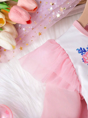 Girls Unicorn Print Mesh Splicing Cap Sleeve Dress