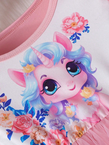 Girls Unicorn Print Mesh Splicing Cap Sleeve Dress