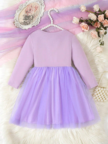 Girls Unicorn Printed Mesh Decorated Purple Mesh Dress, Cute & Elegant Fashion Dress