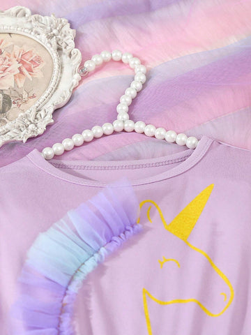 Girls Unicorn Printed Mesh Decorated Purple Mesh Dress, Cute & Elegant Fashion Dress