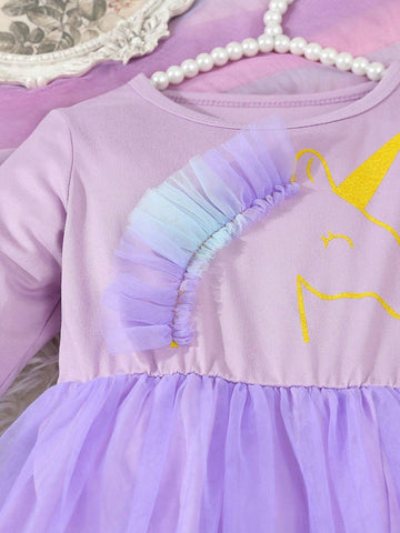 Girls Unicorn Printed Mesh Decorated Purple Mesh Dress, Cute & Elegant Fashion Dress