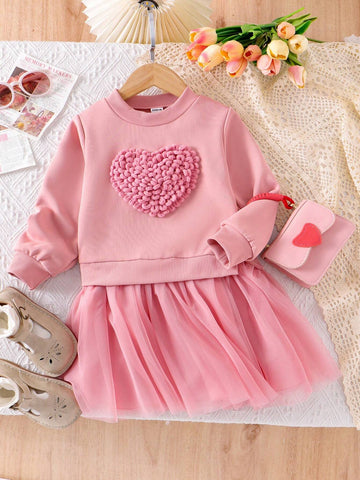 Girls' Unique Crochet Heart Pattern Sweater Dress With Contrast Mesh Hem, Sweet & Lovely Style For Autumn, Young Girl