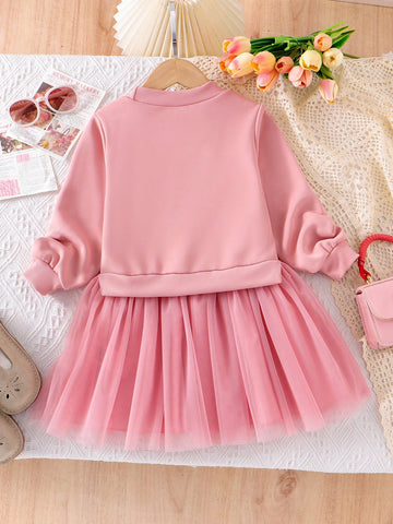 Girls' Unique Crochet Heart Pattern Sweater Dress With Contrast Mesh Hem, Sweet & Lovely Style For Autumn, Young Girl