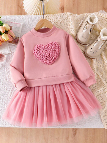 Girls' Unique Crochet Heart Pattern Sweater Dress With Contrast Mesh Hem, Sweet & Lovely Style For Autumn, Young Girl