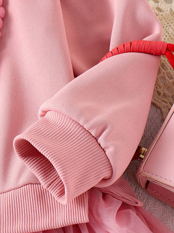 Girls' Unique Crochet Heart Pattern Sweater Dress With Contrast Mesh Hem, Sweet & Lovely Style For Autumn, Young Girl