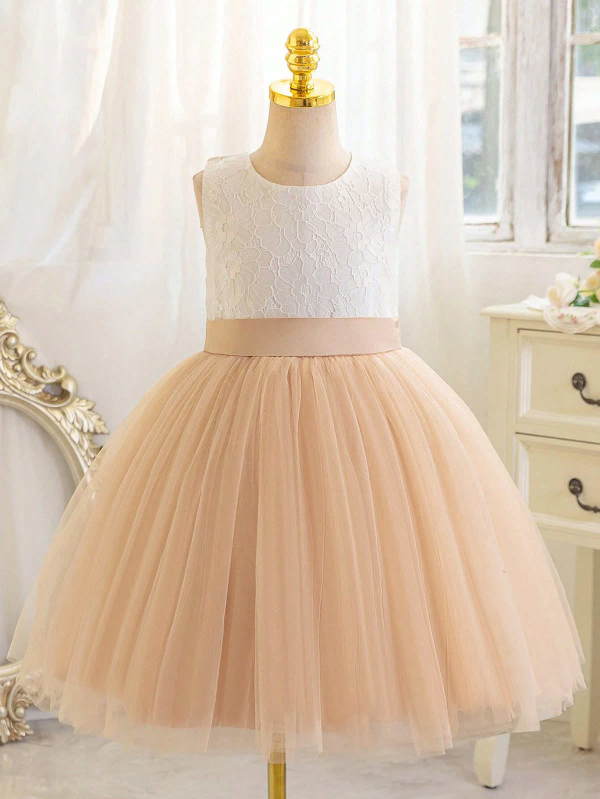 Girls' V-Back Backless Lace Formal Flower Girl Dress Wedding Reception, Children's Birthday Party,Stage Performance