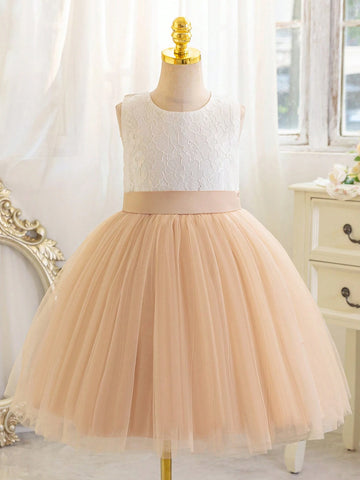 Girls' V-Back Backless Lace Formal Flower Girl Dress Wedding Reception, Children's Birthday Party,Stage Performance