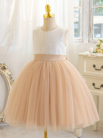 Girls' V-Back Backless Lace Formal Flower Girl Dress Wedding Reception, Children's Birthday Party,Stage Performance