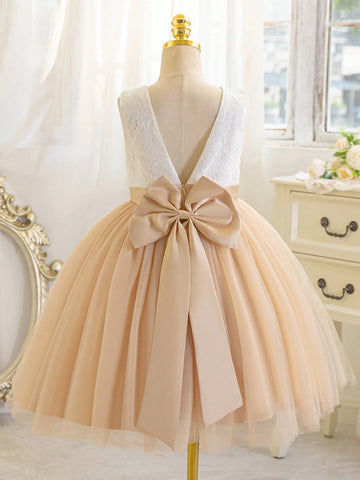 Girls' V-Back Backless Lace Formal Flower Girl Dress Wedding Reception, Children's Birthday Party,Stage Performance