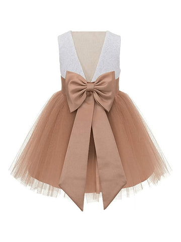 Girls' V-Back Backless Lace Formal Flower Girl Dress Wedding Reception, Children's Birthday Party, Thanksgiving