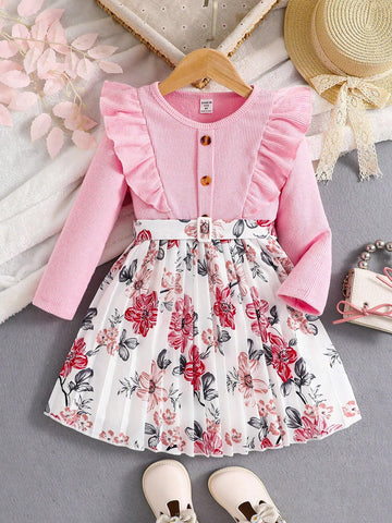 Girls Vacation Dress - This Dress Features A Soft, Warm Double-Sided Fleece Material On The Top With A Ruffle Shoulder Detail And Button Closure