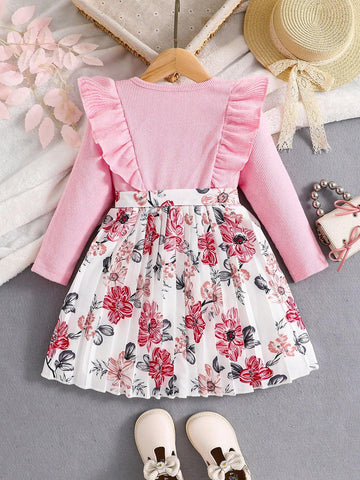 Girls Cute Round Neck Long Sleeve Cinched Waist Girl Portrait Print 3D Bow Polka Dot Mesh Tulle Winter Dress