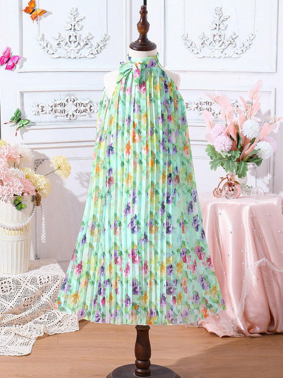 Girls' Vacation Green/Yellow/Purple Ditsy Floral Pleated A-Line Dress With Halter