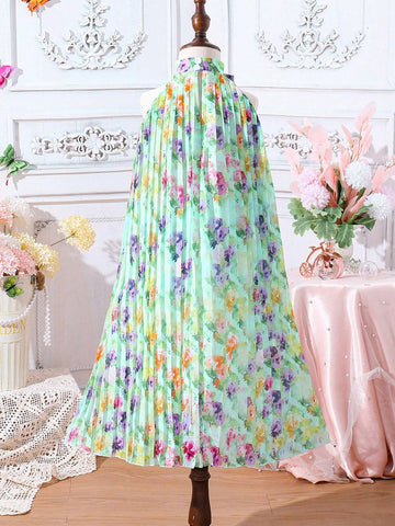 Girls' Vacation Green/Yellow/Purple Ditsy Floral Pleated A-Line Dress With Halter