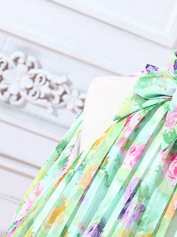 Girls' Vacation Green/Yellow/Purple Ditsy Floral Pleated A-Line Dress With Halter