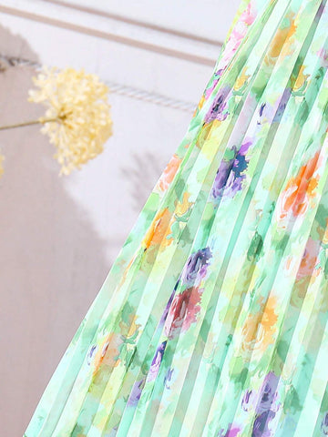 Girls' Vacation Green/Yellow/Purple Ditsy Floral Pleated A-Line Dress With Halter