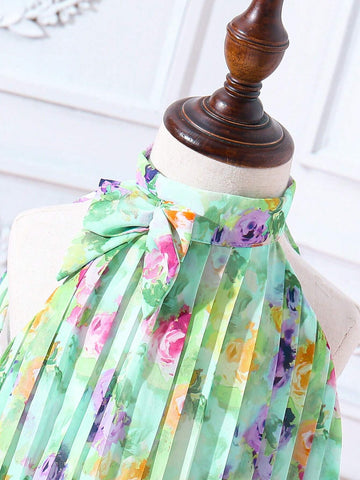 Girls' Vacation Green/Yellow/Purple Ditsy Floral Pleated A-Line Dress With Halter