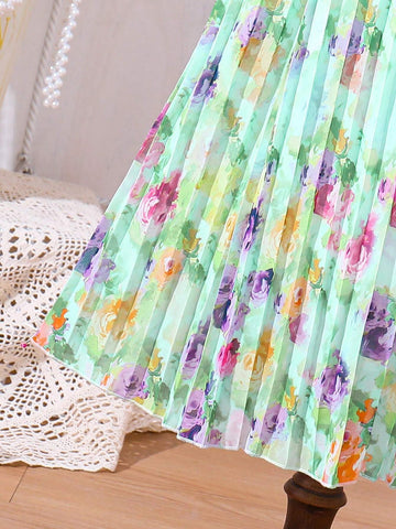 Girls' Vacation Green/Yellow/Purple Ditsy Floral Pleated A-Line Dress With Halter