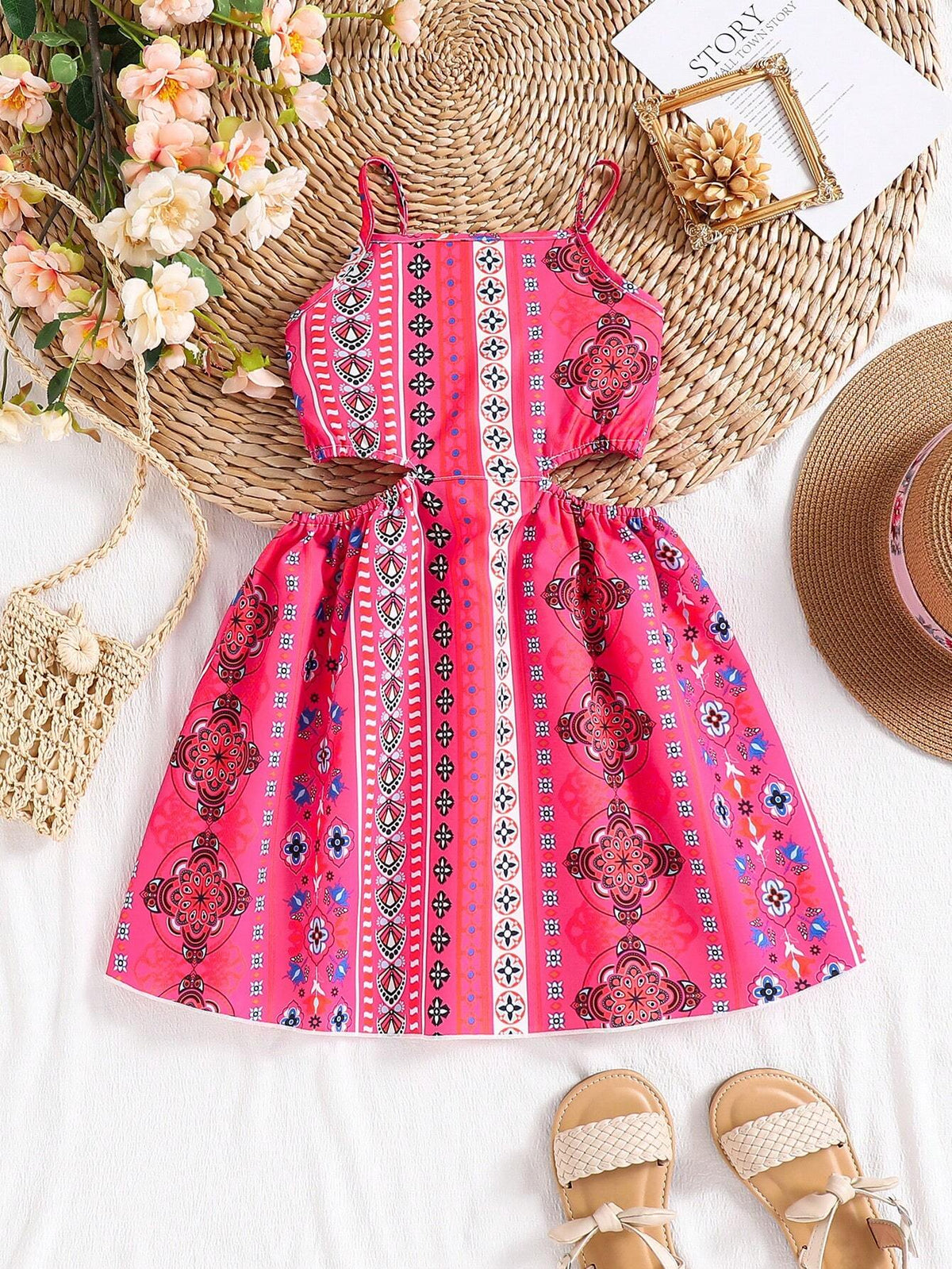 Girls' Vacation Halterneck A-Line Dress, Casual Summer Fashion Children's Wear With Hollow Waist