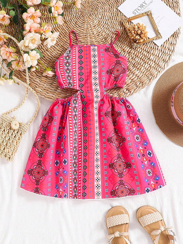 Girls' Vacation Halterneck A-Line Dress, Casual Summer Fashion Children's Wear With Hollow Waist