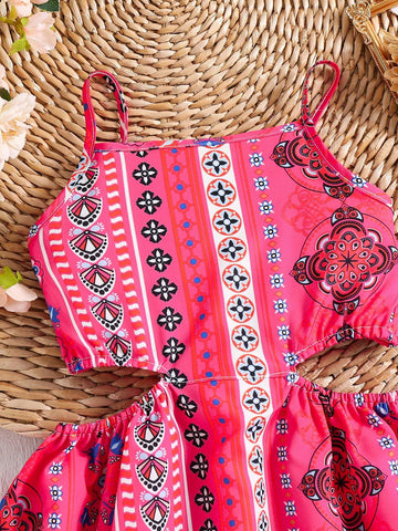 Girls' Vacation Halterneck A-Line Dress, Casual Summer Fashion Children's Wear With Hollow Waist