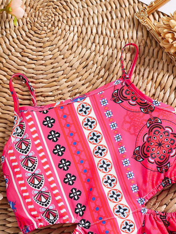 Girls' Vacation Halterneck A-Line Dress, Casual Summer Fashion Children's Wear With Hollow Waist