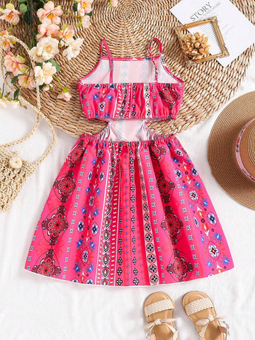 Girls' Vacation Halterneck A-Line Dress, Casual Summer Fashion Children's Wear With Hollow Waist