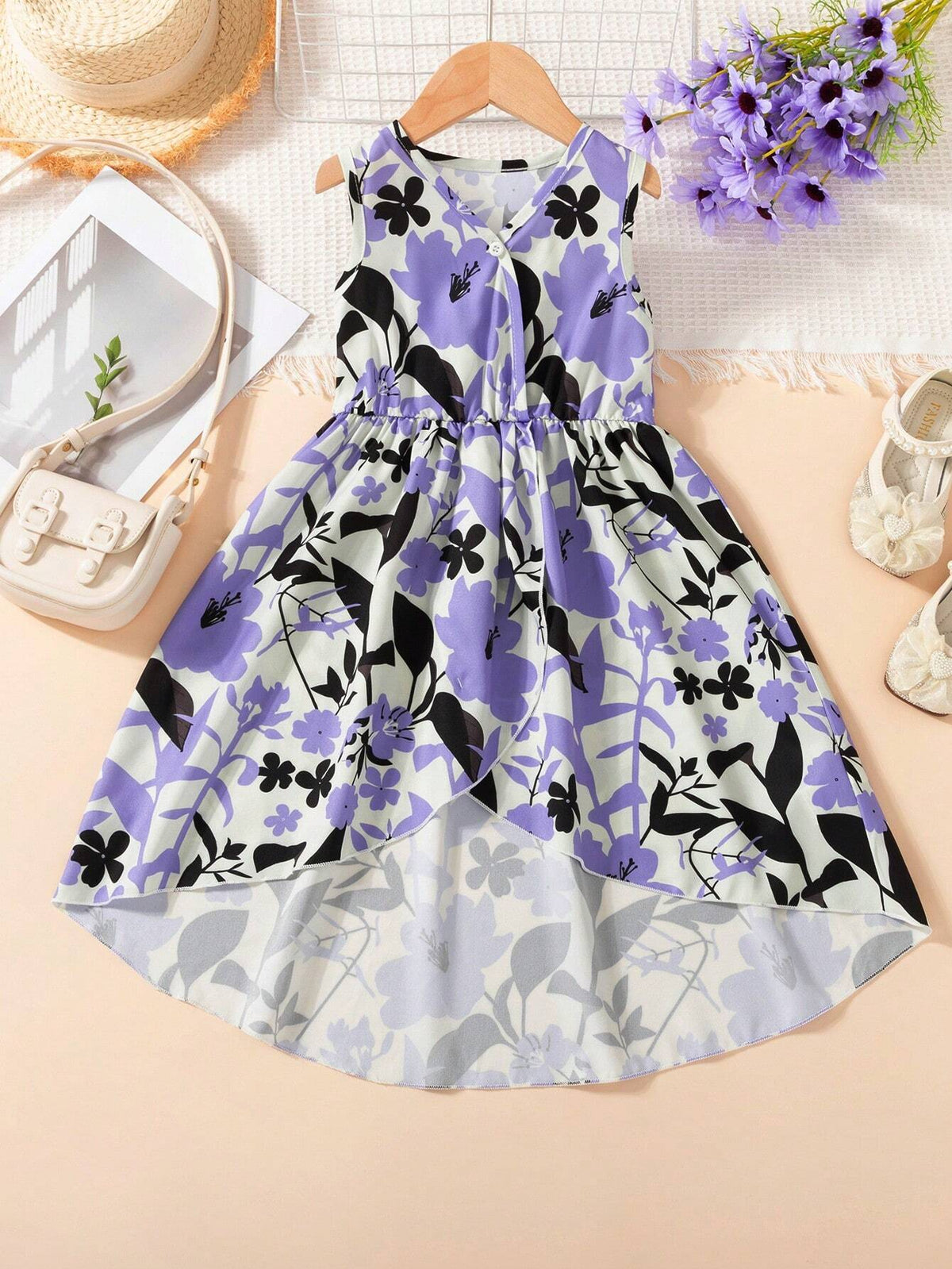 Girls' Vacation Style Floral Print V-Neck Sleeveless Dress With High-Low Hem, Summer
