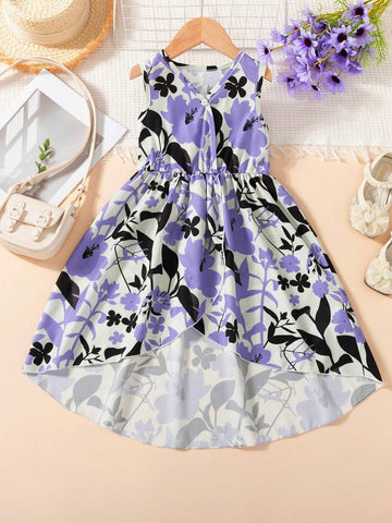 Girls' Vacation Style Floral Print V-Neck Sleeveless Dress With High-Low Hem, Summer