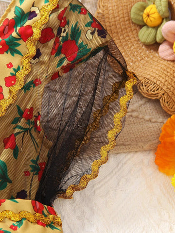 Girls' Vacation Style Ladylike Ditsy Floral Ruffle Trim Blouse For Spring And Summer