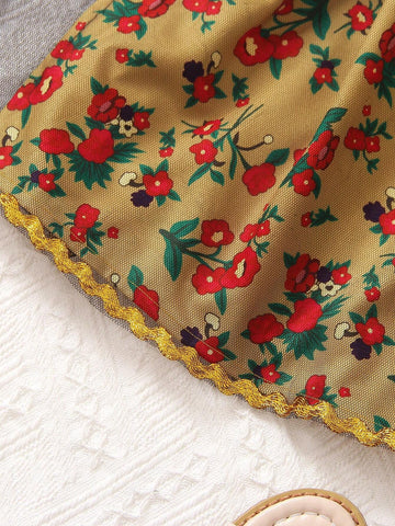 Girls' Vacation Style Ladylike Ditsy Floral Ruffle Trim Blouse For Spring And Summer