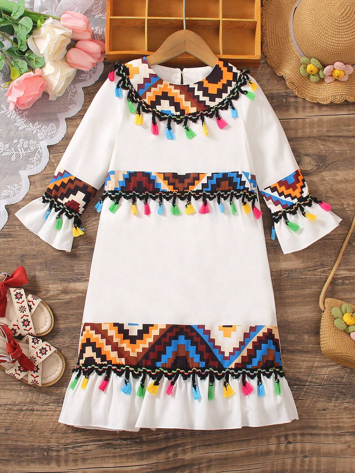 Girls' Vacation Style Lovely Ditsy Floral Ruffle Hem Shirt, Spring/Summer