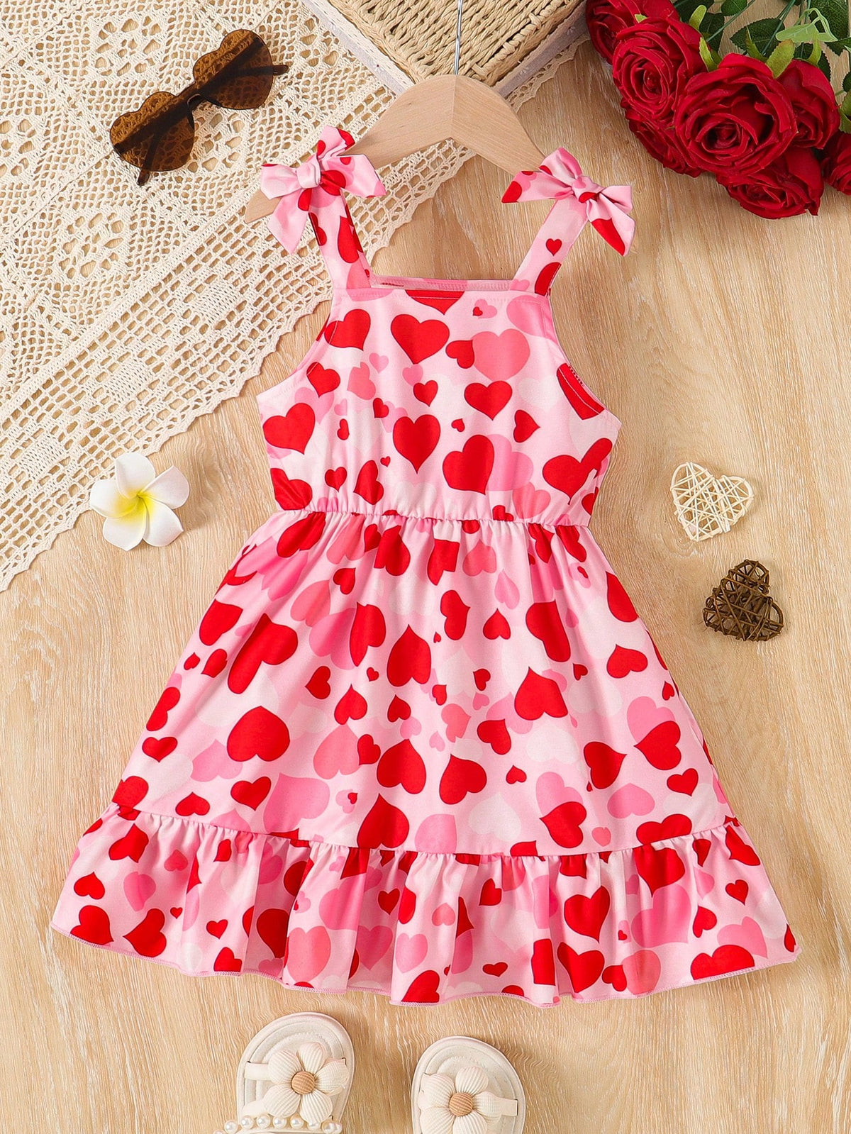 Girls' Valentine's Day Cute Bow Strap Heart Print Dress
