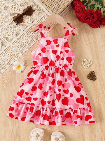 Girls' Valentine's Day Cute Bow Strap Heart Print Dress
