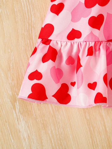 Girls' Valentine's Day Cute Bow Strap Heart Print Dress