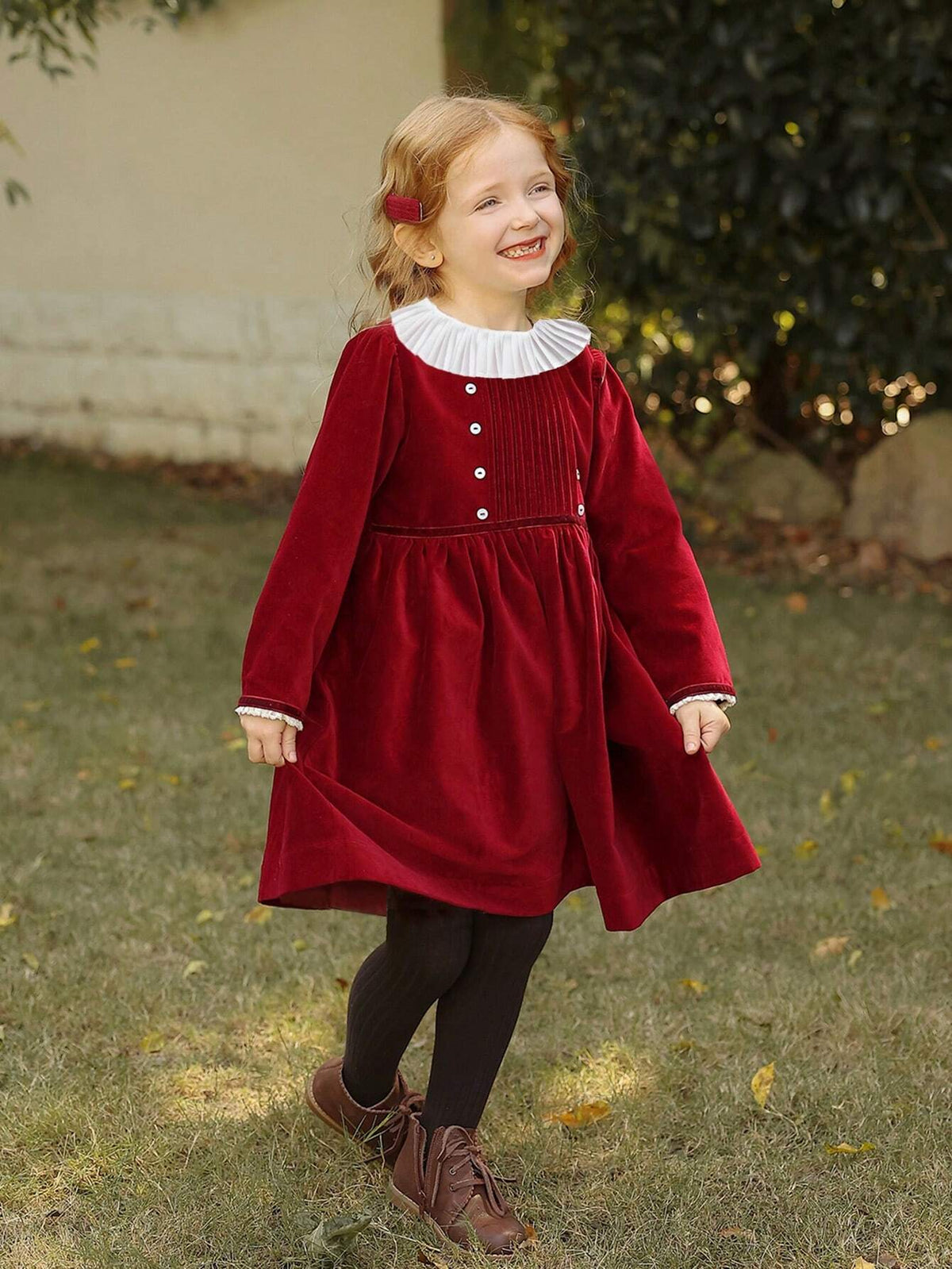 Girls Velvet Christmas/New Year Birthday Party Ruffled Collar Dress, Autumn/Winter
