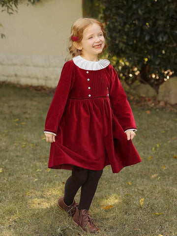 Girls Velvet Christmas/New Year Birthday Party Ruffled Collar Dress, Autumn/Winter