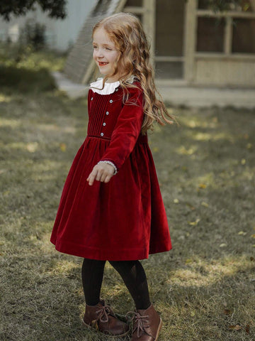 Girls Velvet Christmas/New Year Birthday Party Ruffled Collar Dress, Autumn/Winter