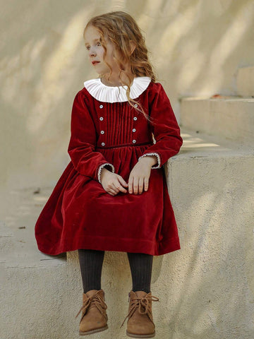 Girls Velvet Christmas/New Year Birthday Party Ruffled Collar Dress, Autumn/Winter