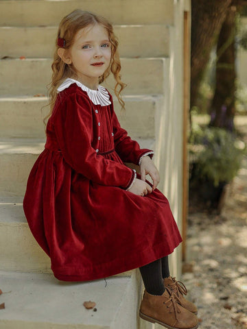 Girls Velvet Christmas/New Year Birthday Party Ruffled Collar Dress, Autumn/Winter