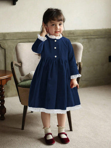 Girls Velvet Color Block Lace Trim Collar Party Dress, Christmas/New Year/Birthday, Autumn/Winter