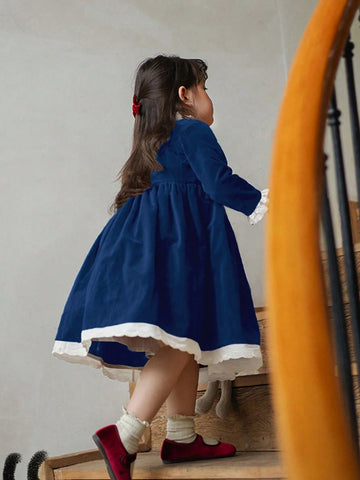 Girls Velvet Color Block Lace Trim Collar Party Dress, Christmas/New Year/Birthday, Autumn/Winter
