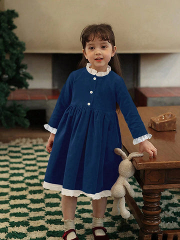 Girls Velvet Color Block Lace Trim Collar Party Dress, Christmas/New Year/Birthday, Autumn/Winter