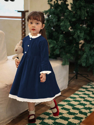 Girls Velvet Color Block Lace Trim Collar Party Dress, Christmas/New Year/Birthday, Autumn/Winter