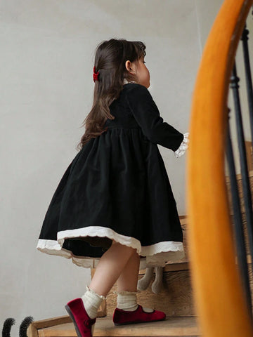 Girls Velvet Contrast Lace Trim Collar Dress, Christmas/New Year/Birthday Party Princess Dress, Autumn/Winter