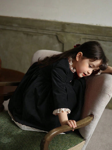 Girls Velvet Contrast Lace Trim Collar Dress, Christmas/New Year/Birthday Party Princess Dress, Autumn/Winter