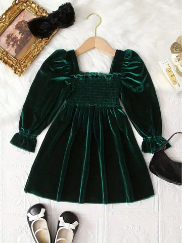 Girls' Velvet Long Sleeve Princess Party Dress, Spring/Autumn Outfit