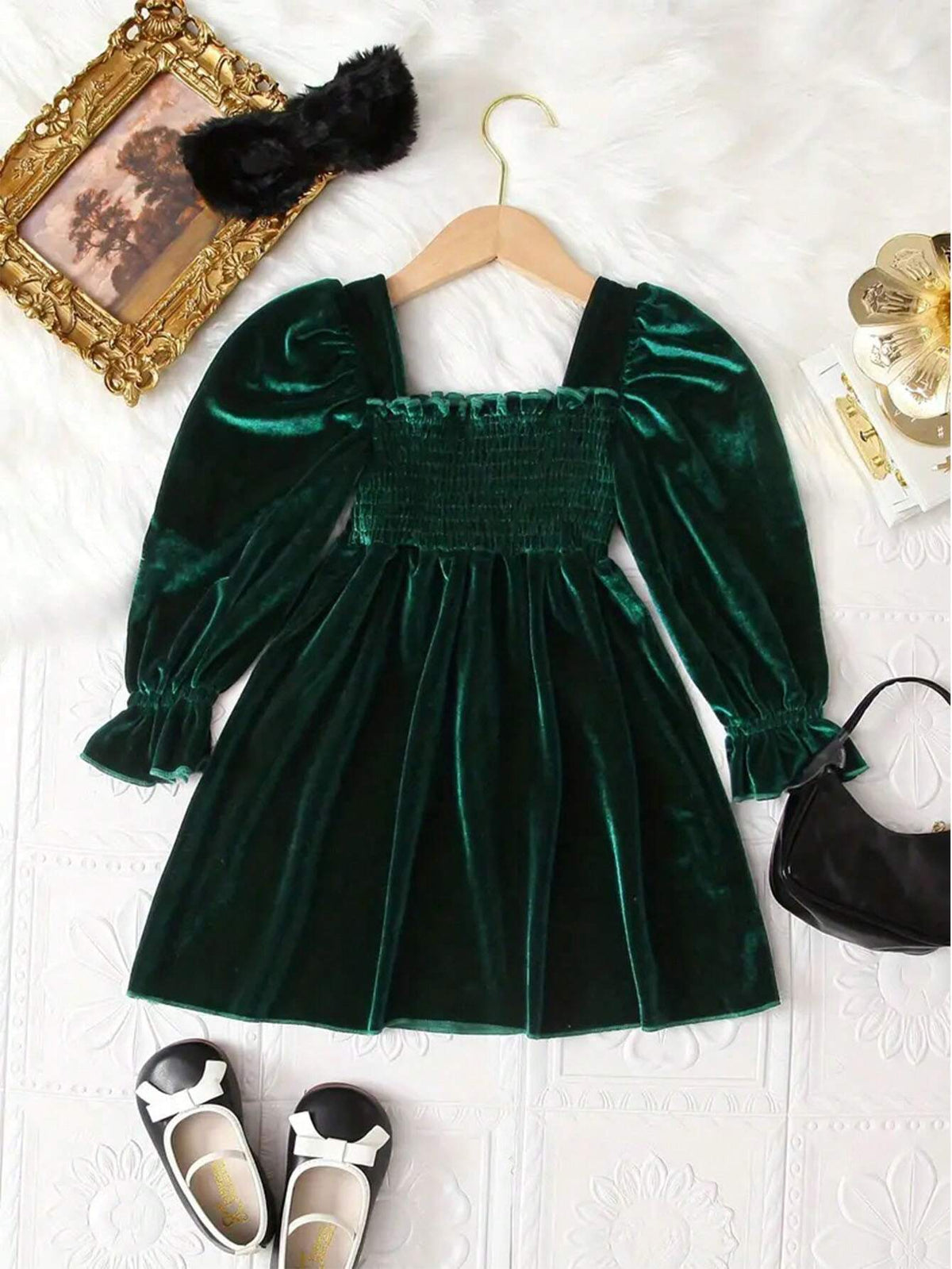 Girls' Velvet Long Sleeve Princess Party Dress, Spring/Autumn Outfit