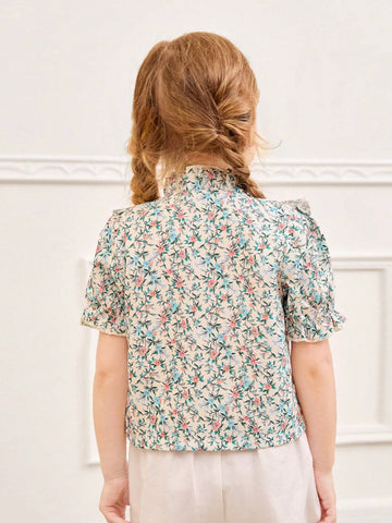 Girls' Vintage Country Style Stand Collar Shirt With Puff Sleeve And Ruffle Hem, Summer